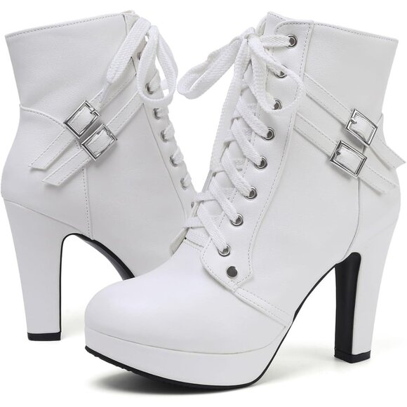 Women's White Susanny High Heel Platform for Sexy Lace Up Mid Calf Boots - Picture 8 of 9